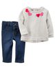 2-Piece Felt Heart Top & Denim Jean Set