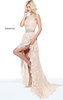 2-Piece Beaded Nude Sherri Hill 51225 Lace Appliques Halter Slit Dress 2017