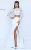 Sherri Hill 50455 Two Piece Lace Long Sleeves Ivory High Neckline Slit Long Satin Prom Dresses 2017