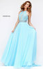 Sherri Hill 50454 Long Cutout Back Light Blue Beading Halter Style Evening Gown Spring 2017