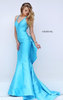 2016 Sleeveless Teal Plunging V Neckline Cutout Sherri Hill 50195 Ruffled Long Satin Mermaid Gown