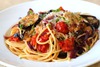 Spaghetti Pesto Sauce with zucchini and eggplant