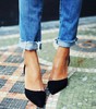 Black Suede Asymmetric Court Pointed Toe Pumps