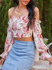 White Strapless Top For Women Floral Printed Irregular Pleated Ruffles Casual Long Sleeves Polyester Summer Blouse - Milanoo.com