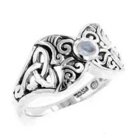 Sterling Silver Filigree Celtic Knot Crescent Moon Genuine Rainbow Moonstone Ring