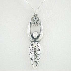 Lunar Goddess with Celestial Symbols in Sterling Silver on a 16" Box Chain