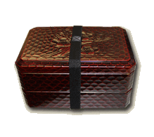 Carved Wooden Lacquered 2 Tier Bento Box & Elastic Band ~ Ume / Japanese Plum