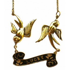 GOLD VINTAGE BIRD SWALLOW LUCKY SCROLL TATTOO NECKLACE