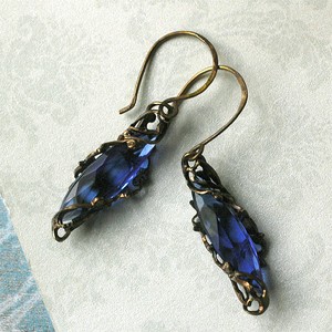 Danse Macabre - Cobalt blue vintage glass handfinished brass earrings