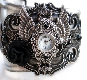 Steampunk Gothic Cuff Watch - Silver and black rose