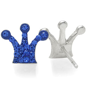 Sapphire Blue Crystal Sterling Silver Crown Stud Earrings