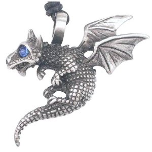 Blue Crystal Eye Dragon Whelp Pewter Pendant Necklace