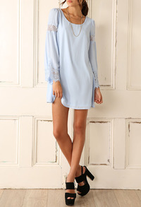 Blue Long Sleeve With Lace Dress - Sheinside.com