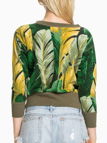 All Over Leaf Print Rib Embellishment Sweatshirt