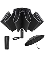 Bodyguard Inverted Umbrella, Windproof Umbrella,12 Ribs Reverse Umbrella with Reflective Stripe, Teflon Umbrella in Rain and Sun, Leather Cover for Women and Men